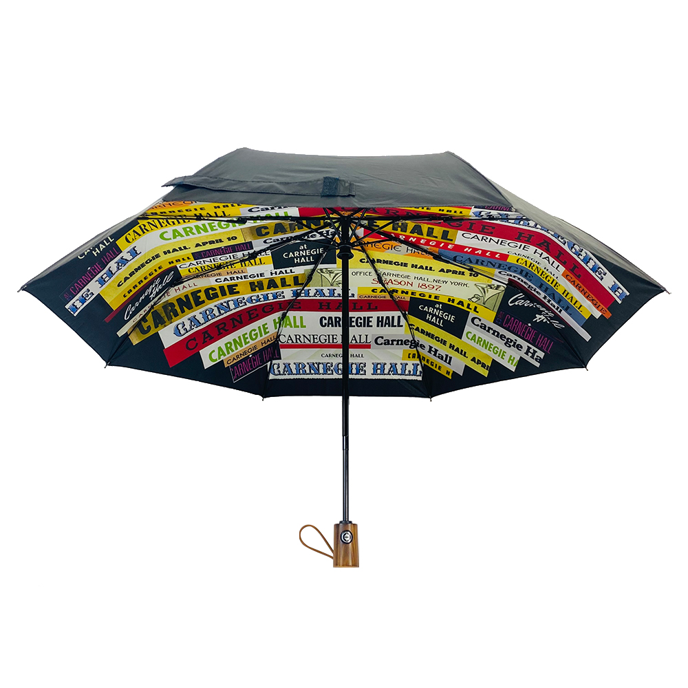 Ovida 21 tommer 8 ribber 3 fals automatisk åpen og lukk svart UV-belegg tilpasset logoutskrift trehåndtak gavekampanje paraply