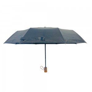 Ovida 21 inç 8 brinjë 3 palosje automatike Hape dhe mbyll Veshje e zezë UV me logo të personalizuar Printo ombrellë dhuratë me dorezë druri