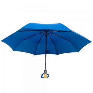 Дървена дръжка Ovida за трисекционен чадър луксозен бизнес стил за син преносим чадър с 8 панела персонализирано лого и ясен дизайн