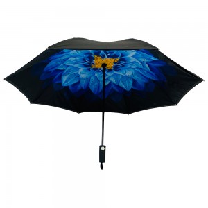 Ovida 100 црн UV премаз со три преклопен чадор и внатрешен принт син цвет автоматски отворен и затворен двослоен ветроупорен чадор за дама