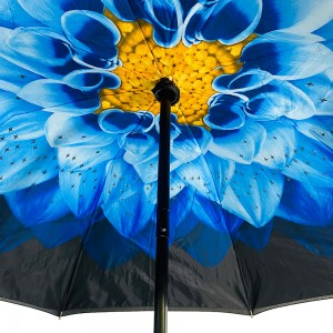 Ovida 100 สีดำเคลือบ uv ร่มพับสามตอนและด้านในพิมพ์ดอกไม้สีน้ำเงินเปิดและปิดร่มกันลมสองชั้นอัตโนมัติสำหรับสุภาพสตรี