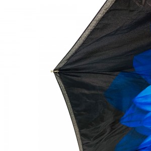 Paraguas plegable Ovida 100 negro con revestimiento uv, tres paraguas plegables con estampado interior de flores azules, paraguas a prueba de viento de doble capa con apertura y cierre automático para dama