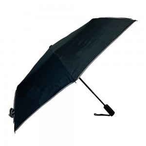 तीन-फोल्डिंग छत्रीसाठी ओविडा प्रीमियम दर्जाचे पोंगी फॅब्रिक, पावसाच्या छत्रीसाठी राखाडी पाइपिंगसह मोहक काळी मजबूत विंडप्रूफ फ्रेम
