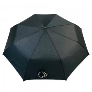Ovida 三つ折り傘用高級紬生地 強力防風フレーム エレガントブラック グレーパイピング 雨傘用