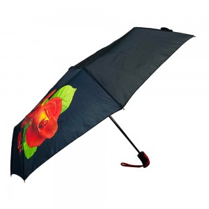 लाल गुलाब तितली लोगो के साथ ओविडा तीन तह वाला छाता, महिलाओं के लिए काले सुरक्षित घोंसले वाला छाता, महिलाओं के लिए ऑटो ओपन छाता