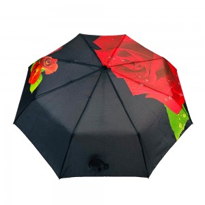 Ovida ombrellë me tre palosje me logo të fluturës trëndafili të kuq ombrellë me fole të zezë të sigurt për zonja Cadra automatike të hapura për femra