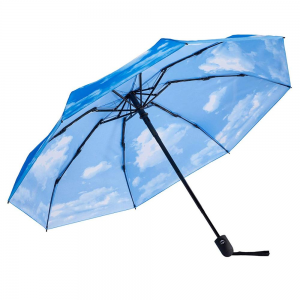 Ovida ombrellë automatike me tre seksione Cadër udhëtimi kompakte e papërshkueshme nga era me ngjyrë blu Sky me logo të personalizuar