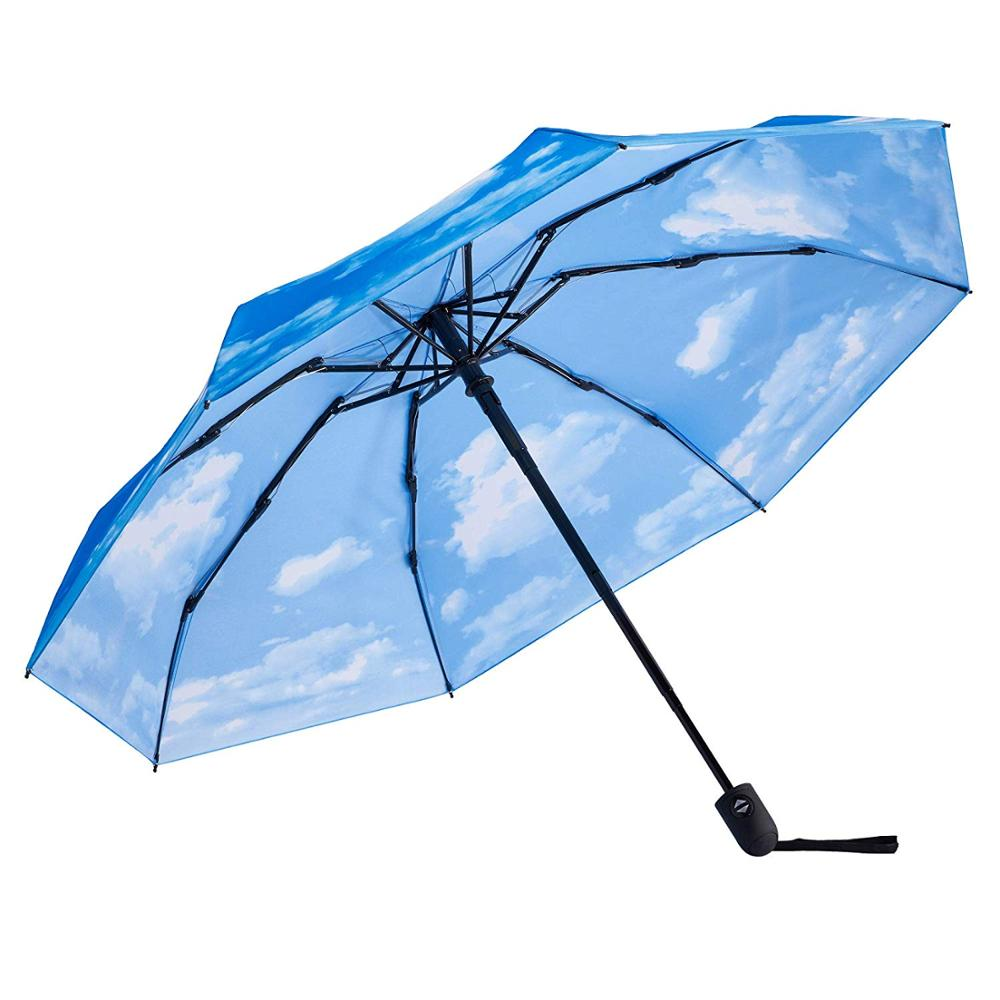 Ovida Umbrella awtomatika ta 'tliet sezzjonijiet Blue Sky Kulur Umbrella ta' l-ivvjaġġar kompatta kontra r-riħ b'logo tad-dwana