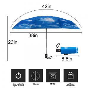 Ovida Automatesch dräi Sektioun Regenschirm Blue Sky Faarf Windproof Compact Travel Umbrella mat personaliséierte Logo