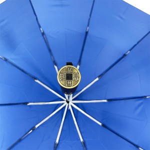 Paraguas de golf plegable automático de tres secciones Ovida de 27 pulgadas con monedas tradicionales chinas colores azul puro con estructura de aluminio sombrilla