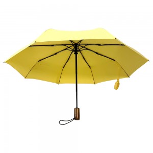 Ovida helautomatisk sammenleggbar paraply, trehåndtak Pongee-stoff, lys farge med logo