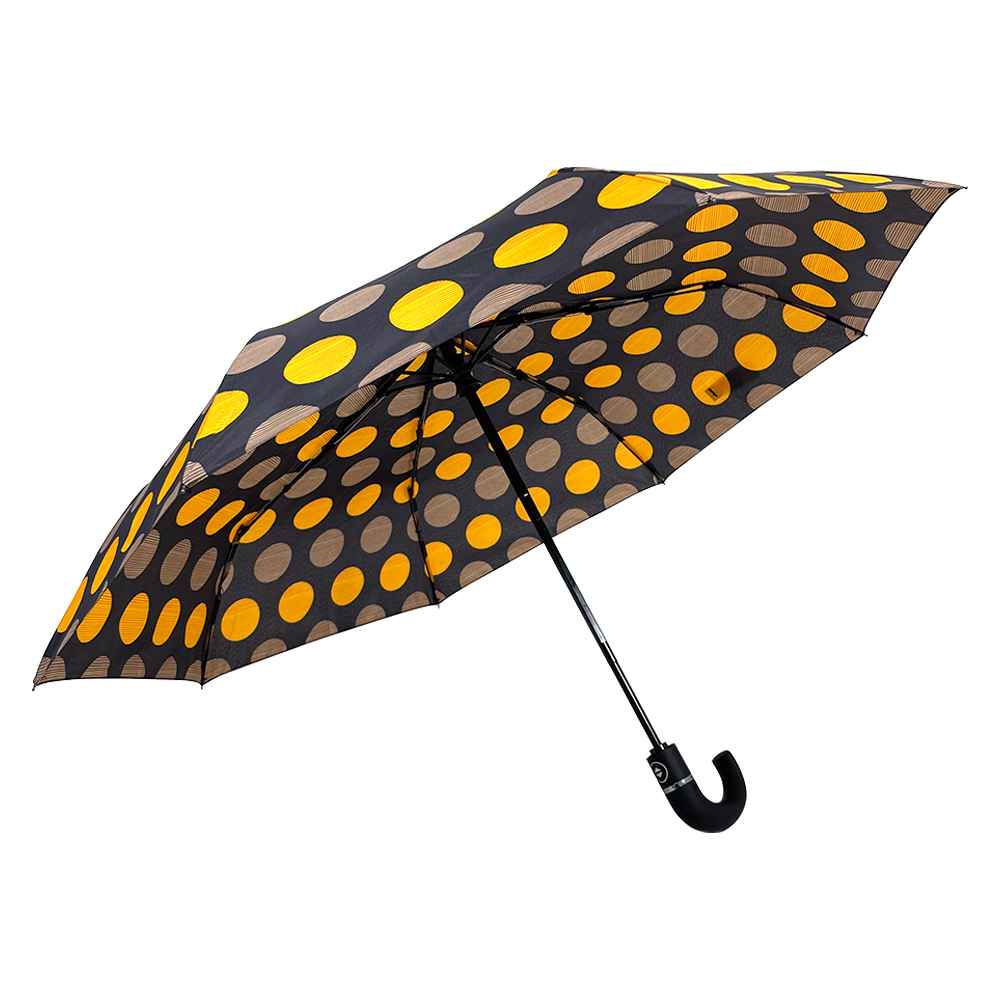 OVIDA 3-საკეცი ქოლგის წერტილიანი ნიმუში J ფორმის სახელური ქოლგა შეიძლება იყოს მორგებული დიზაინი