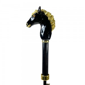 Ovida Silver Golden Animal horse Mango marco de fibra de vidrio Black Luxury Walking Stick paraguas