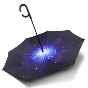 Ovida Groothandel winddichte dubbellaagse omgekeerde omgekeerde paraplu met C-vormig handvat op maat gemaakt logo