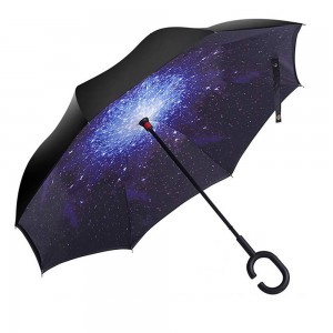 Ovida Wholesale wyndichte dûbele laach omkearde omkearde paraplu mei C-foarmige handgreep oanpast logo
