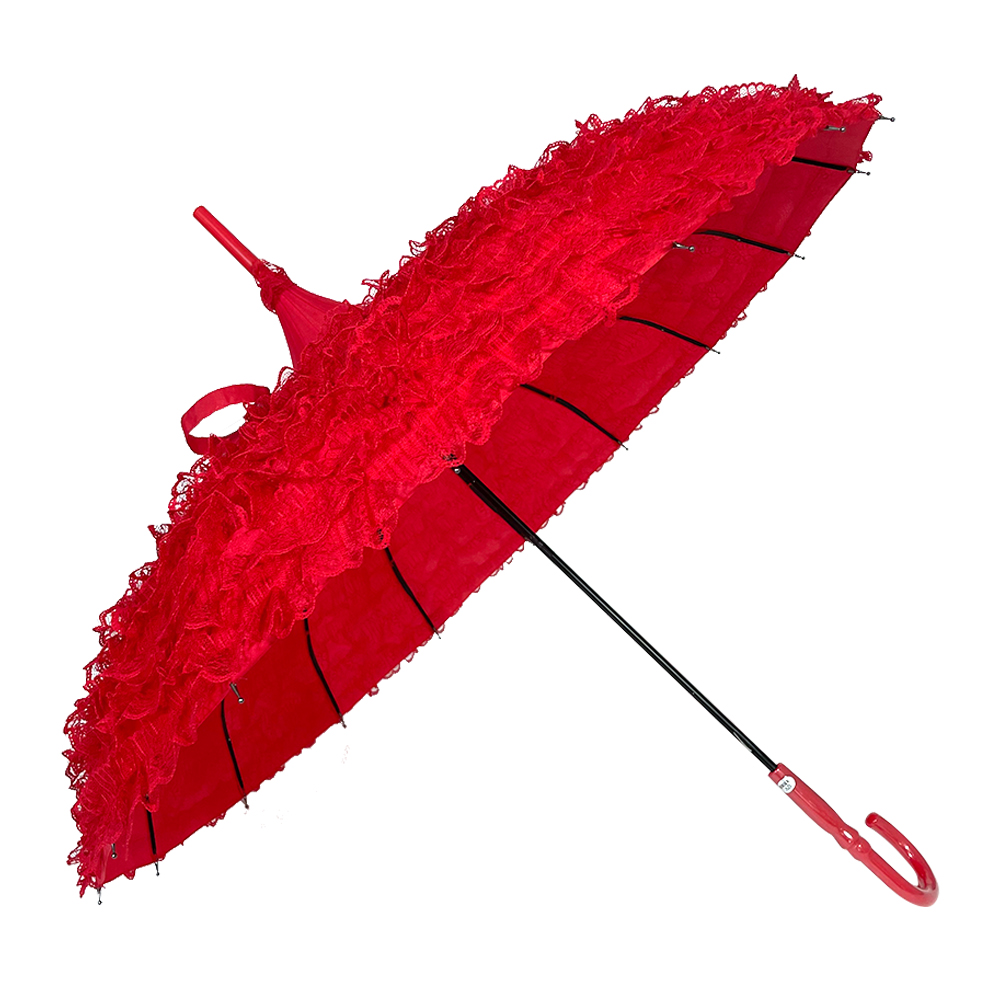 Proveedor de Ovida China, venta al por mayor, mientras que el borde de encaje rosa rojo, paraguas de boda de pagoda de encaje rojo