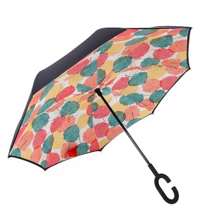 Ovida Double Layer Reverse Umbrella mei blêd printe foar kado en reklame oanpast ûntwerp