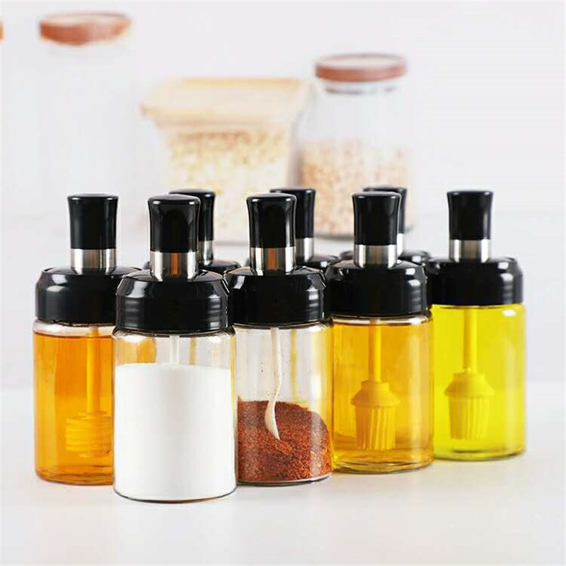 250ml Eco friendly Cook Ware Glass Flavoring Cruet Liquid Spice Jar Tank Bottles Seasoning Storage Container with Lids and Spoon Featured Image