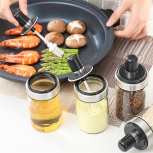 Wholesale 300ml Spice Seasoning Glass Jars Glass Cooking Oil Jar with Oil Brush Thick Glass Ketchup Jar Dispenser with Spoon