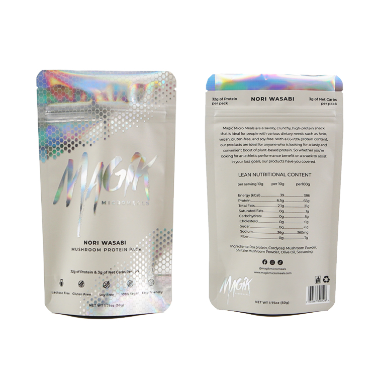 Pacadh Holographic Laser resealable Clò-bhuail Hologram Custom Zipper Pouch Bag Mylar Holographic