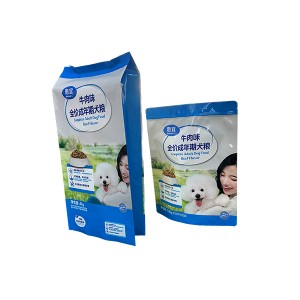 Bossa de plàstic d'embalatge d'aliments per a mascotes, impresa, reutilitzable, de barrera gran, segell quad, lateral, per a menjar per a gossos i gats