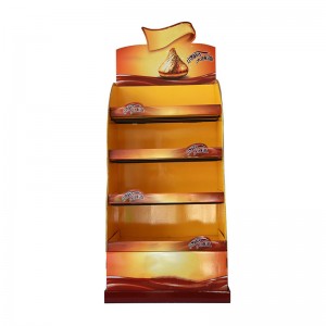 Expositor de estante corrugado de 4 niveles con barras metálicas para a promoción de bocadillos de chocolate
