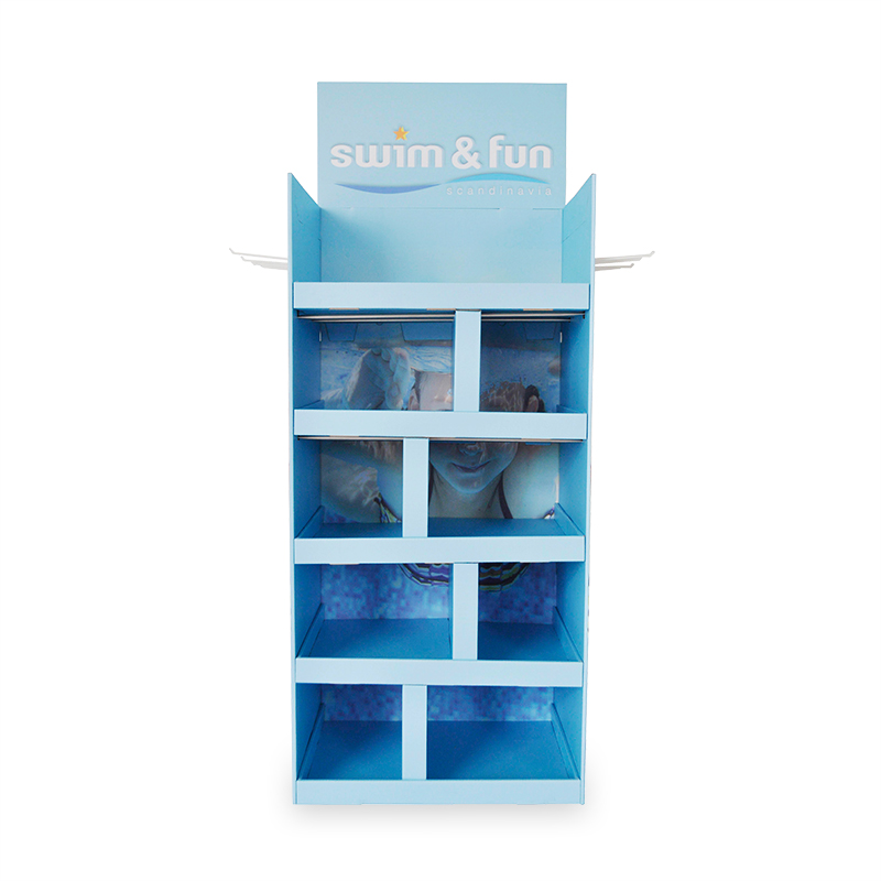Sterk duursame swembroekprodukte Karton Kreatiewe aankooppuntvertoning met metaalbuise, verdelers en plastiekhangers aan twee kante