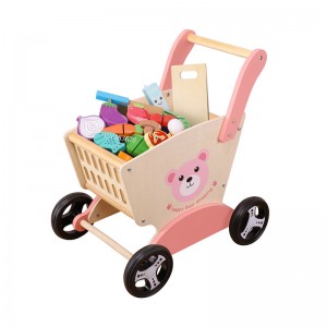 Wooden Shopping Cart Pretend Play Foods Accessories Cutting Toys Set