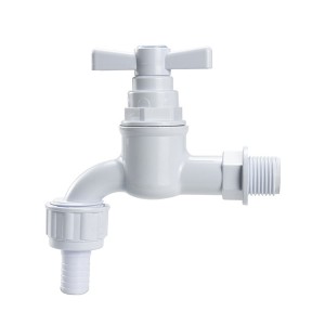 ເຮືອນຄົວ Faucet ກາງແຈ້ງ 1/2″ ນິ້ວ Faucets Quick Open Deck Mounted Basin PVC Plastic Bib Cock Faucet Round Handle