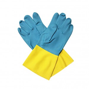 Hoʻohana nui ʻia ʻo Blue Yellow Long Latex Rubber Glove Neoprene Industrial Latex Glove Wholesale