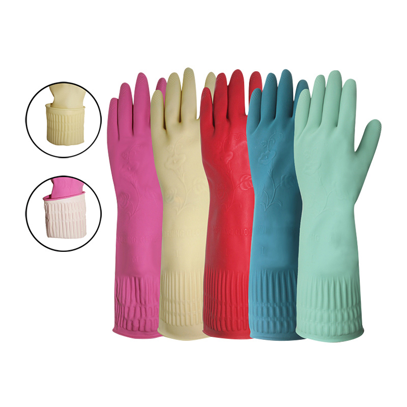 China Wholesale Extra Long Household Flock Lined Latex Rubber Gloves bakeng sa ho hlatsoa lijana Featured Image
