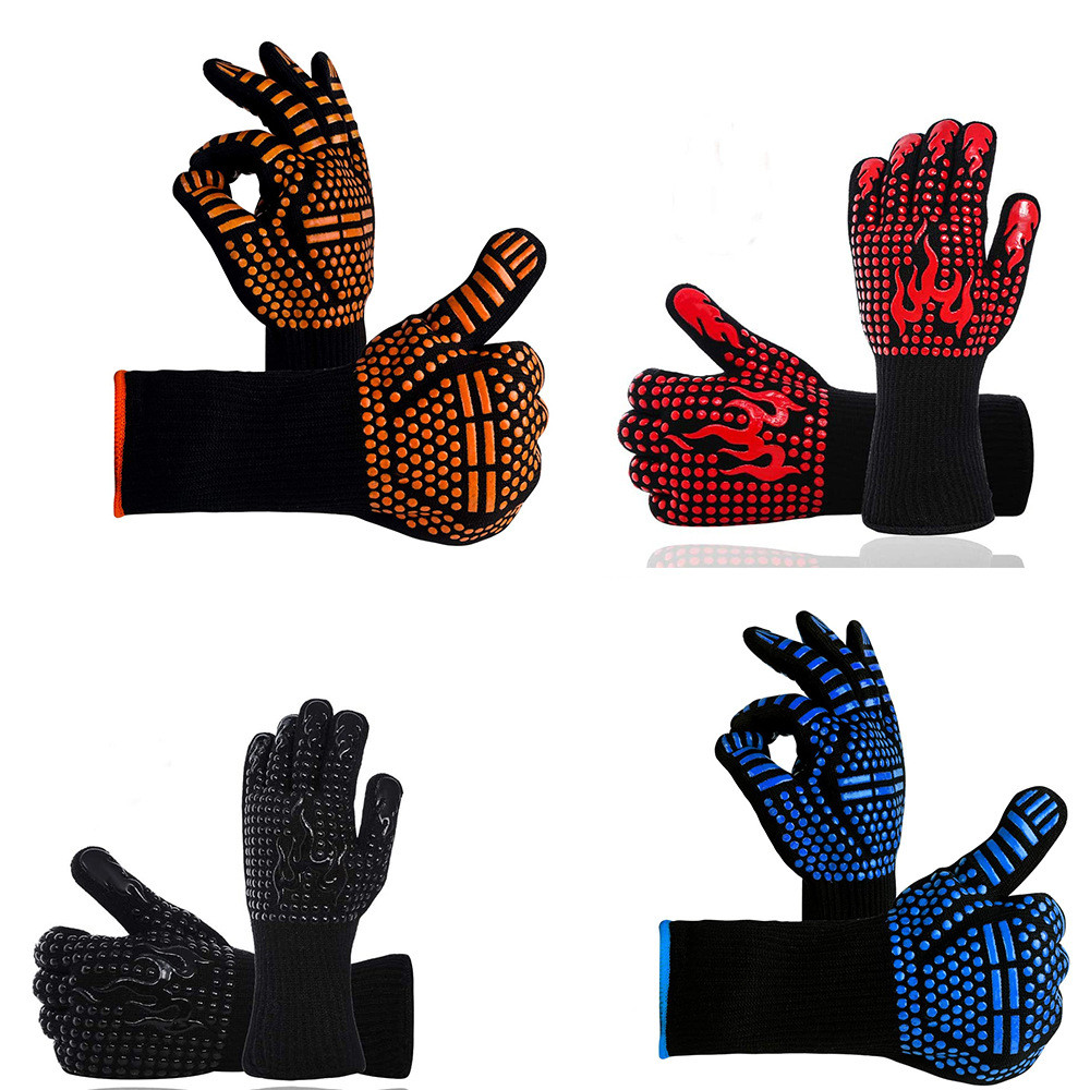 BBQ Gloves, 1472°F Heat Resistant Grilling Gloves Silicone Non-Slip Oven Gloves Long Kitchen Gloves for Barbecue, Cooking, Pound, Cutting