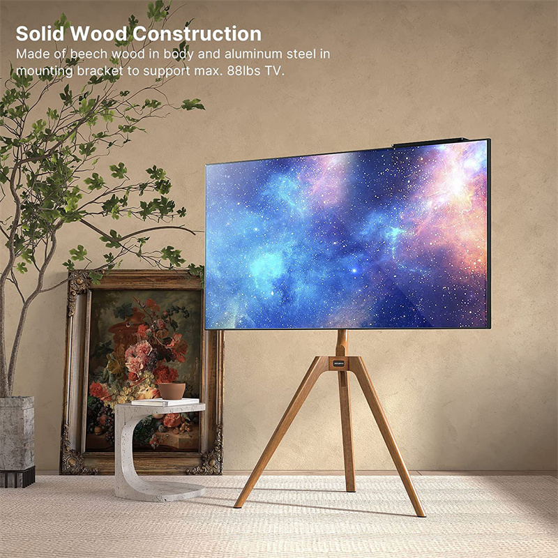 پایه تلویزیون سه پایه چوب جامد با قفسه رسانه ای برای تلویزیون های 45-65 اینچی
