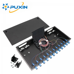 PUXIN 12 पोर्ट्स SC/UPC अडॅप्टर पिगटेल फायबर ऑप्टिकल पॅच पॅनेल ऑप्टिक फायबर वितरण फ्रेम 1U 19 इंच टर्मिनल बॉक्स