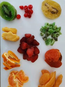Dehydrated fruits, dried strawberry, dried kiwi, dried yellow peach, dried mandarin orange, dice dried fruits 1-10mm