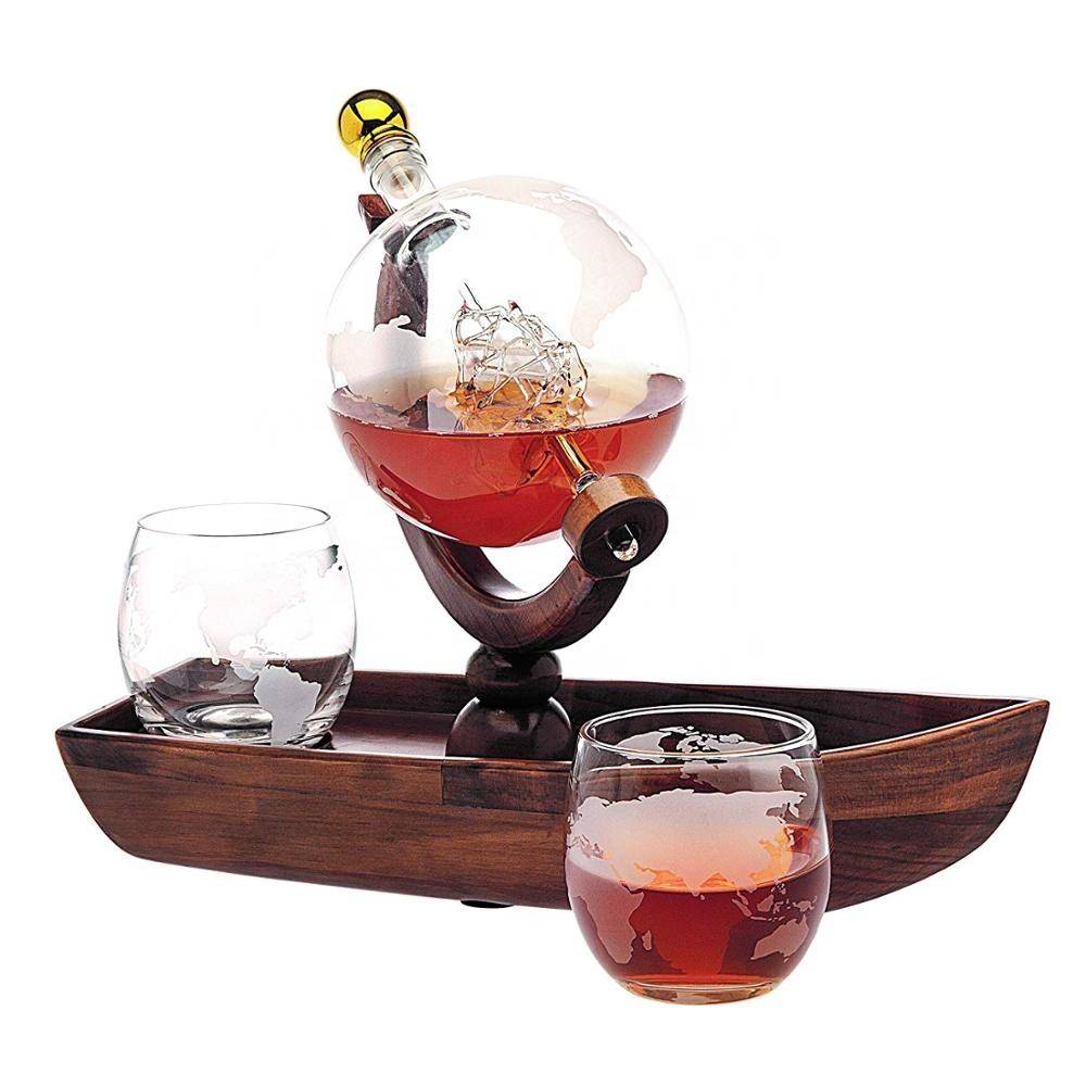 Glass Globe Shape Whiskey Glass Bottle Wine Decanter With 2 Glasses Set