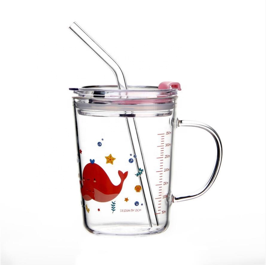 Cartoon Kid Children Glass Cups Clear Measuring Glass Milk Cups with Scale and Lid Glass Water Bottle Beer Coffee Mugs