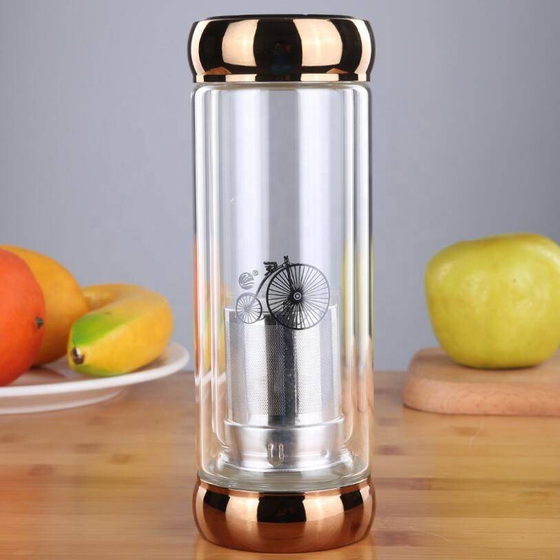 Personalised 300ml Quality Bososilicate Insulated Glass Tea Infuser Water Bottle Double Walled
