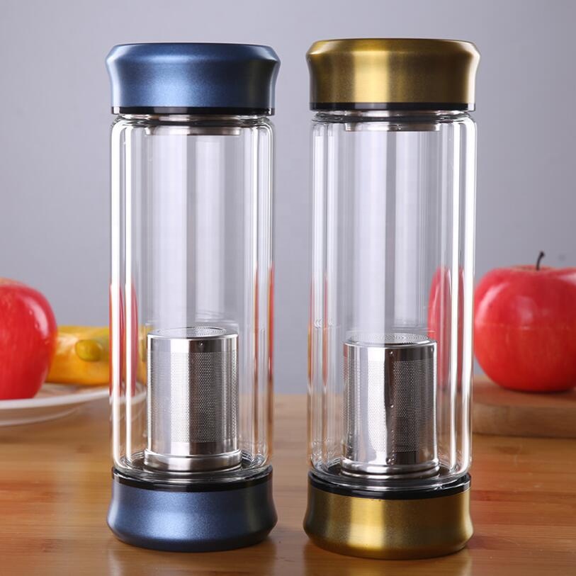 Custom Printed ECO Friendly Fashion 300ml Borosilicate Clear Cylinder Double Wall Glass Bottles For Water Drinking