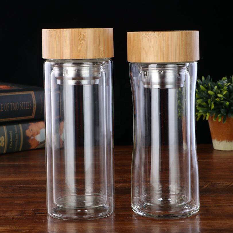 fashionable empty recyclable double wall glass water bottle with bamboo lid