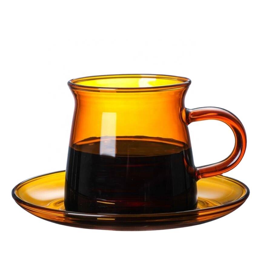Wholesale 220ml handmade  glass coffee cup with handle and saucer