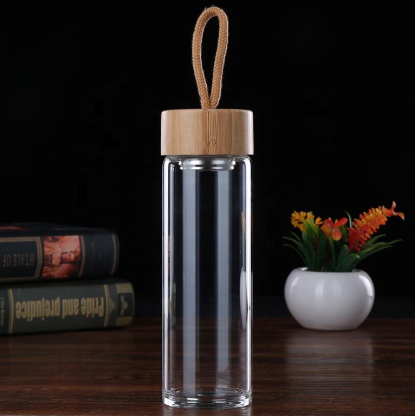 Wholesale Promotion 16oz Custom Logo Glass Fruit Tea Infuser Water Bottle BPA Free With Bamboo Lid and Rope