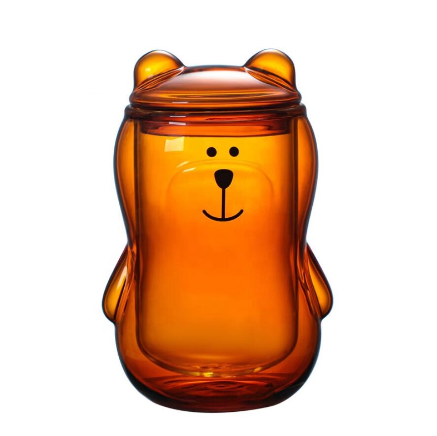 Wholesale customized logo large 300ml amber bear borosilicate insulated double wall glass coffee tea cups mugs without handle