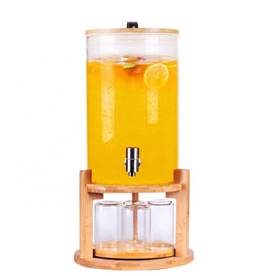 Factory direct glass wine bottle with faucet with rotating wooden base with glass cup fruit enzyme barrel transparent juice barr
