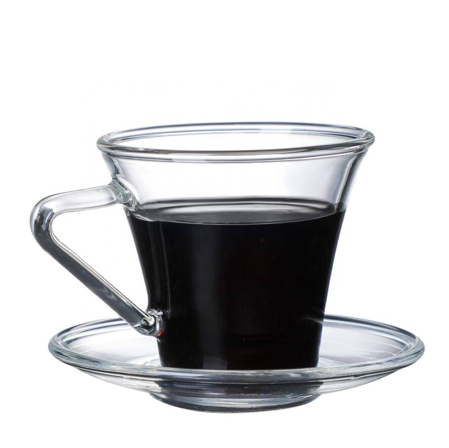 Hot sale 180ml clear glass coffee cup with handle and saucer