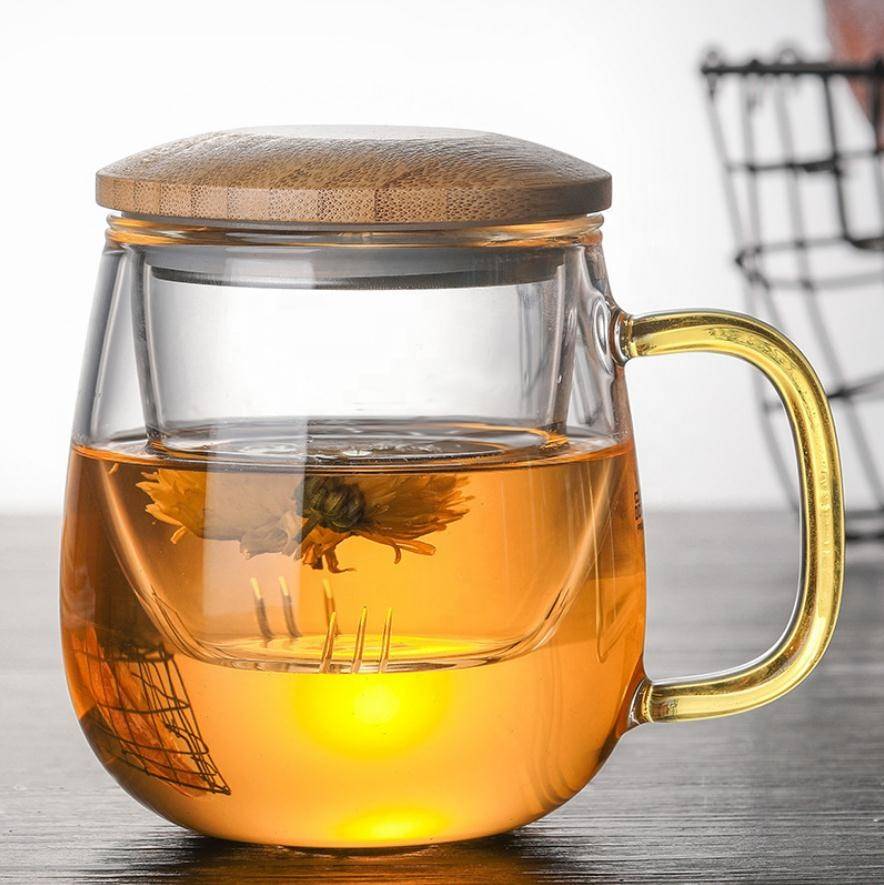 Wholesale Heat Resistant Glass Milk Tea Mug With Wooden Lid Infuser Filter 400ml Tumbler Cups