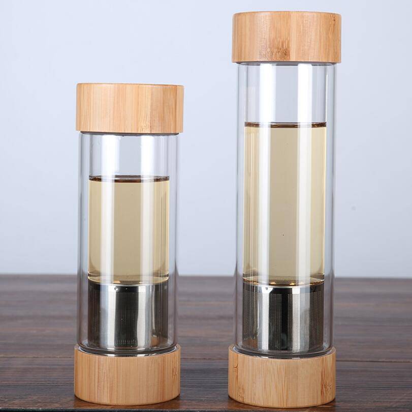 Bulk Custom Design High Quality Wide Mouth Portable Double Wall Glass Water Bottle Bamboo Cap