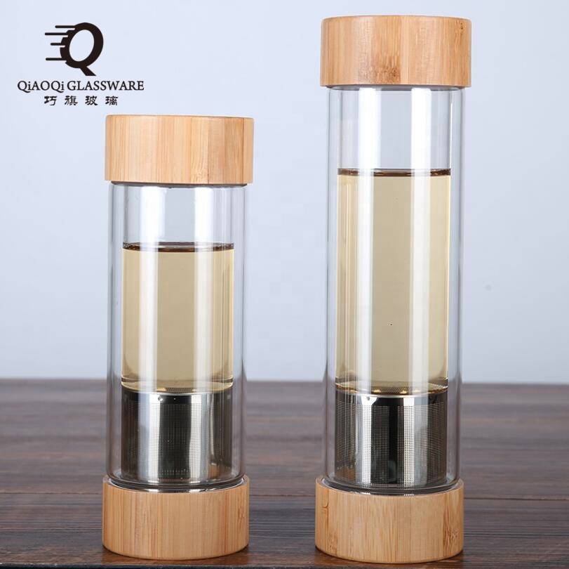 wholesale custom design double wall glass water cup bamboo lid
