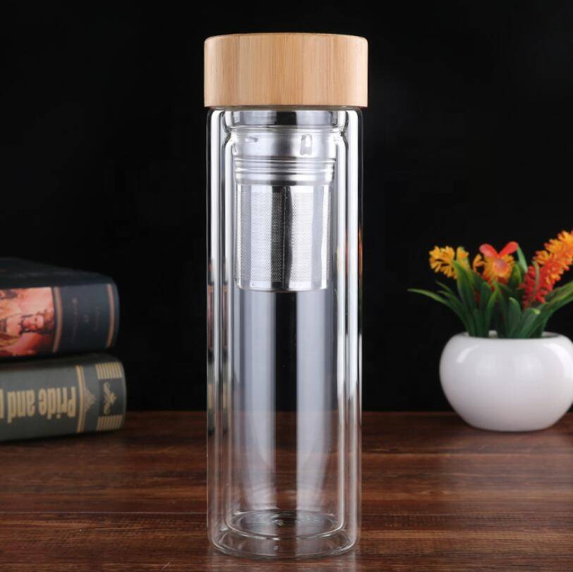 High Borosilicate Double Wall Glass Tea Infuser Bottle Custom Logo Glass Water Bottle With Bamboo Lid 400ml 500ml