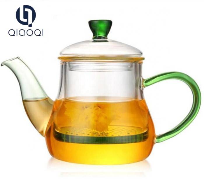 2019 hot selling high borosilicate handmade glass tea pot with colored handle